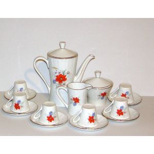 Service A Cafe Vintage Motif Coquelicot Bleuet Et Marguerite À Liseret Or Avec Verseuse Pot A Lait 6 Tasses Et Sous Tasses Et Sucrier L Amandinoise - Occasion