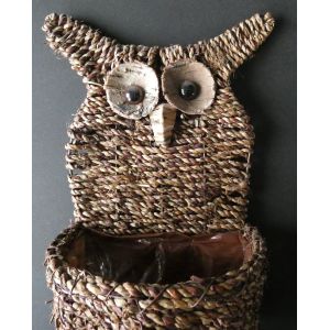 Cache-Pot Tress&eacute; En Forme De Hibou. Bois, Osier Et Plastique. Dimensions : 30 X 17 X 14 Cm - Occasion