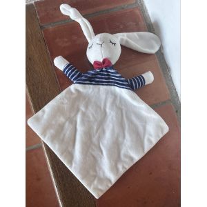 Doudou plat lapin banc ray&eacute; bleu noeud rouge envie de fraise - Occasion