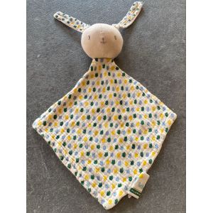 Doudou plat lapin Klorane vert bleu et jaune mouchoir - Occasion