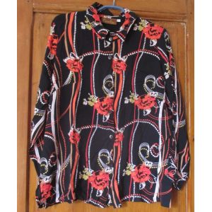 Chemisier Collection Créaline De Daxon - Taille 52 - 100%Viscose Aspect Crêpe Un Peu Transparent - Fond Noir Imprimé De Grades Fleurs Oranges Et De Lignes Courbes Et Ronds Blancs - Modèle Vintage - Occasion