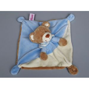 Doudou Ours Plat Bleu Marron Blanc Cr&egrave;me Pommette - Occasion