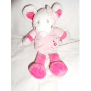 Doudou Souris Blanc Rose Fushia Vetir 25 Cm Fleur Noeud Papillon Pommette Rose Chausson Nicotoy - Occasion