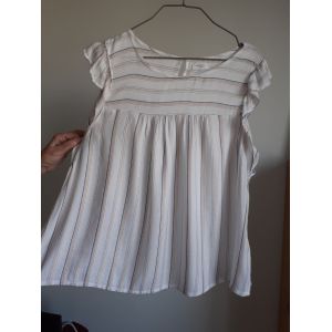 Top Blanc Léger Rayé Gris Et Moutarde - Occasion