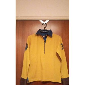Tee-Shirt Femme Manches Longues Xoos, Taille 38, Coloris Jaune Ocre, Bleu, Marron, Col Et Bas De Manches Façon Chemise,En Tissu Imprimé Fleurs, 39 En Broderie Et Tissu Cousu Dans Le Dos Et Sur Le Haut - Occasion