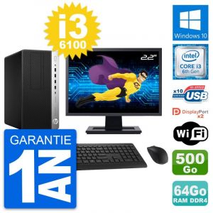 PC Tour HP 600 G3 Ecran 22" Intel i3-6100 RAM 64Go Disque 500Go Windows 10 Wifi - Occasion