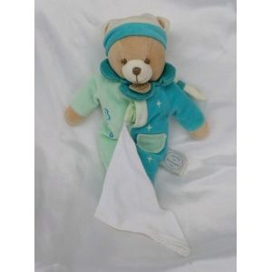 Doudou Peluche Ours Bleu Et Vert Vert Avec Son Mouchoir Blanc Doudou Et Compagnie - Occasion