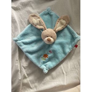 DOUDOU PLAT LAPIN TEX BABY BLEU FLEUR ORANGE CARRÉ 24 CM - Occasion