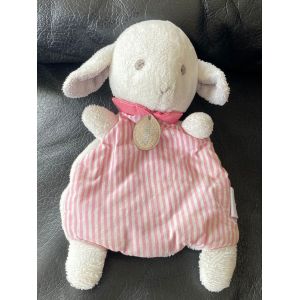 JACADI DOUDOU MOUTON PLAT BLANC DEVANT TISSU RAYE ROSE 18CM - Occasion