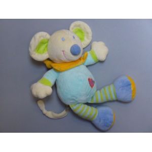 Doudou Souris Bleu Vert Jaune Coeur 28 Cm Nicotoy - Occasion