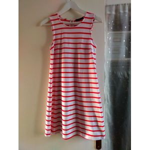 Robe Trapèze Midi Type Marinière Blanche À Rayures Rouges S - Occasion