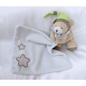 Doudou Peluche Ours Beige Bonnet Vert Mouchoir Blanc Etoiles Luminescent BabyNat - Occasion