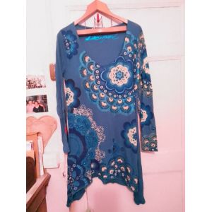 Robe Asymétrique Bas Dentelle Bleue Imprimé Bleu/Blanc 42 Xl Desigual. - Occasion