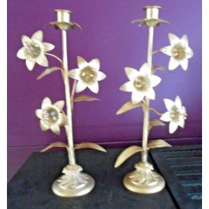 ancien 19e paire beau chandelier bougeoir candélabre laiton fleurs 35 x 16 cm - Occasion
