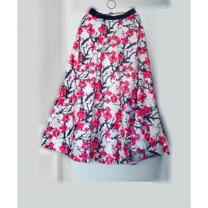 Grande Jupe Fond Blanc Fleurs Rose Style Japon Longue Taille Ruban Noir 46 Pr Grande Femme Soiree Ete Summer Time Vacances Fete Cocktail Ceremonie Habillee Vetement Large Evase Qualite Tissu Elegant - Occasion