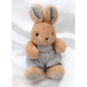 Doudou Peluche Lapin Assis Beige Salopette Vichy Bleu Vintage Bout&#39; Chou - Occasion