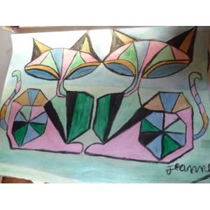 Chat Tableau Peint Main Acrylique Sur Papier Dessin 24x32 A Mettre Sous Verre - Occasion