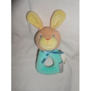 Doudou Hochet Grelot Lapin Vert Bleu Jaune Saumon Orange Ruban Pommette Intermarche - Occasion