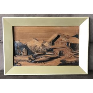 tableau en bois sculpté signé cleal 27 x 42 cm + encadrement - Occasion