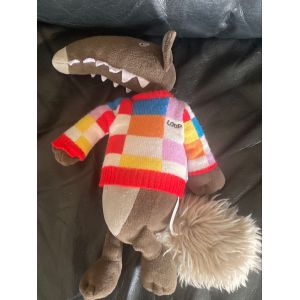 PELUCHE LE LOUP AUZOU LOUP MARRON ET GRIS PULL MULTICOLORE 27 CM - Occasion