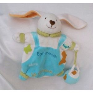 Doudou Peluche Plat Marionnette Lapin Blanc Bleu Barbouille Peinture Pot Babynat - Occasion