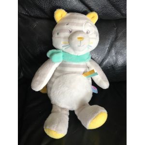 Doudou Chat Blanc Gris Jaune Écharpe Bleu 25cm Sucre D Orge - Occasion