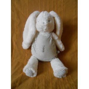 Peluche lapin blanc gris Oba&iuml;bi tenue ray&eacute; - Occasion