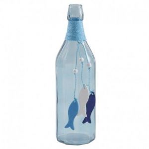 Bouteille En Verre Bleue Avec Poissons - Occasion