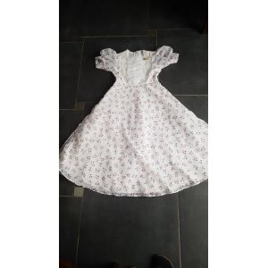 Robe Longue Manches Courtes Petite Fille D'honneur Blanche Imprimé Fleuri - Occasion