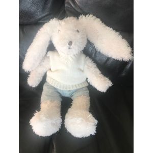 Doudou Peluche LapinPull Blanc Short Bleu Atmosphera 31cm - Occasion