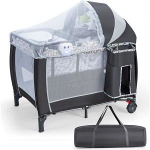 Costway Lit Parapluie Bébé Pliant 4 En 1 Avec Matelas,Filet Amovible Réglable,Table À Langer,Sac De Transport Roues Verrouillables - Occasion
