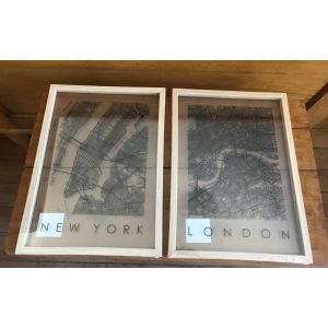 Cadres en bois 33 cm x 24 cm cartes de Londres et New York - Occasion