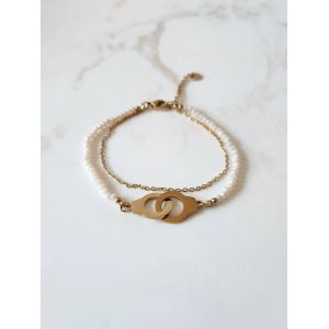 Double Bracelet Doré En Acier Inoxydable Avec Perles Blanches Et Menottes - Occasion