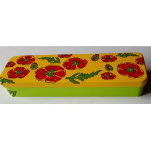 Boite M&eacute;tallique Rectangulaire Pouvant Aussi Servir De Plumier - Jaune Et Verte Gaiement D&eacute;cor&eacute;e En Rouge - Couvercle Attach&eacute; - Mention Kambly Of Switzerland - 24x6.5x4cm - Occasion