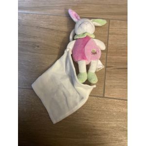 Peluche doudou attach&eacute; t&eacute;tine lapin baby nat mouchoir rose vert blanc - Occasion