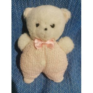 Doudou Peluche Ours Blanc Corps Rayé Rose Éponge Noeud Satin Boulgom Vintage - Occasion