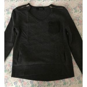 Pull Femme Encolure V Manches Longues Gris Foncé Laine Mérinos Et Cuir D'agneau The Kooples Taille 1 Ou Xs - Occasion