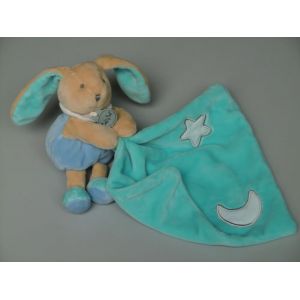Doudou lapin mouchoir luminescent Baby Nat bleu beige - Occasion