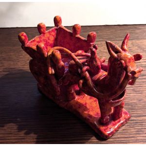 Statuette Âne avec cariole en céramique rouge vintage - Occasion