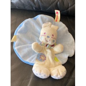DOUDOU PLAT ROND LAPIN BLANC BLEU FLEUR MY BABY NICOTOY 21CM - Occasion