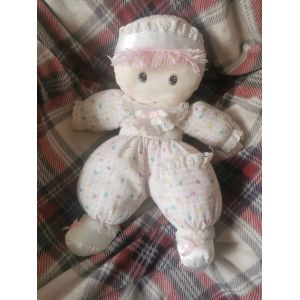 Poup&eacute;e Chiffon Pieds Bonnet Satin Bavoir Brod&eacute; Poche Tissu Vichy Rose Fleurs Tulipes Multicolores Cheveux Laine Cp Vintage - Occasion