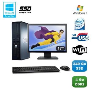 Lot PC DELL Optiplex 760 DT Intel E8400 3Ghz 4Go DDR2 240Go SSD WIFI Win 7 + 17 - Occasion
