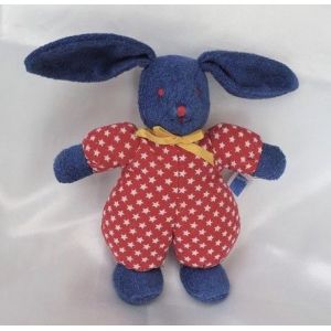 Doudou Peluche Lapin Eponge Bleu Tissu Rouge Etoile Blanc Grelot Noeud Jaune Trousselier - Occasion