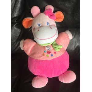 Doudou Musical Boite À Musique Vache Rose À PoisOreilles Orange Écharpe Verte Mots D'enfants 28 Cm - Occasion