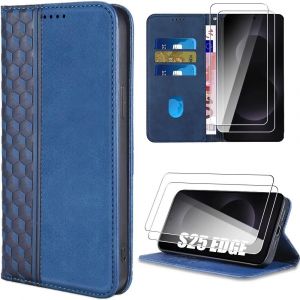 Coque + 2 Verres Tremp&eacute;s Pour Samsung Galaxy S25 Edge, Protection Anti-Rayures Effet Cuir Bleu Marine - Efconnection - Occasion