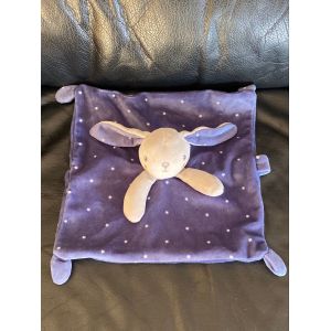 Doudou plat Lapin bleu gris &eacute;toiles attache t&eacute;tine SIMBA 24*24cm - Occasion