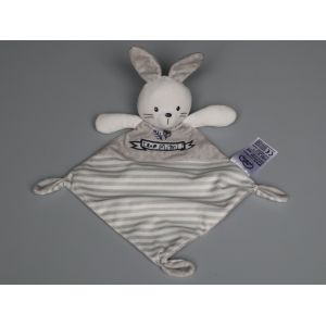 Doudou lapin plat Mots d'Enfants gris ray&eacute; blanc Trop Mimi - Occasion