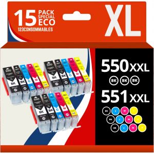 123CONSOMMABLES - PGI550/CLI551 XL - Cartouches Encre Compatible avec Canon 550 551 pour Pixma MX925 iP7200 iP7250 MG5650 MG7550 MG6350 MG6650 MX725 MX920 (6 Noir / 3 Cyan / 3 Magenta / 3 Jaune) - Occasion