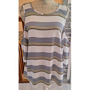 Blouse Fluide Avec Les &Eacute;paules D&eacute;nud&eacute;es Blanche Ray&eacute;e Bleu, Noir Et Jaune - Occasion