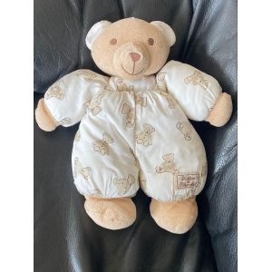 DOUDOU OURS BEIGE BLANC IMPRIMÉ OURSON TARTINE ET CHOCOLAT 26CM - Occasion